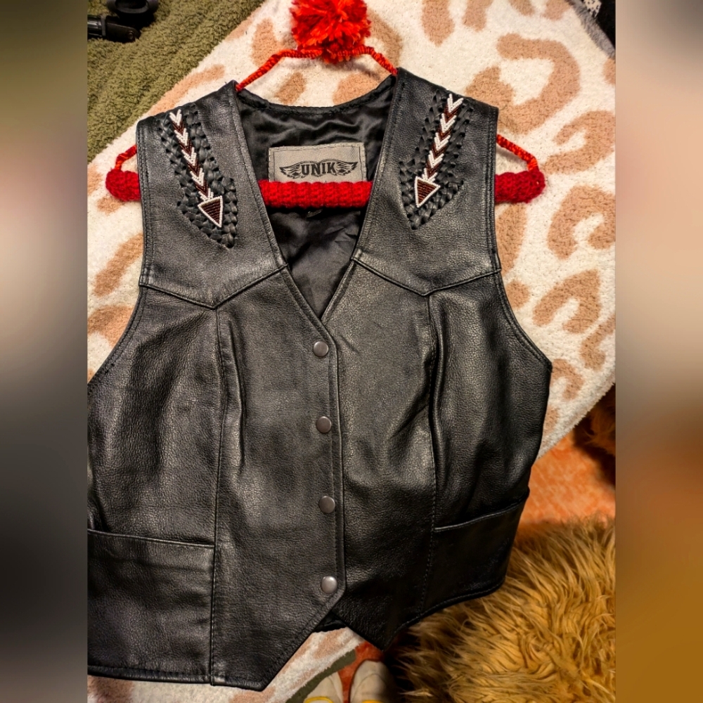 Black Leather Embroidered Vest